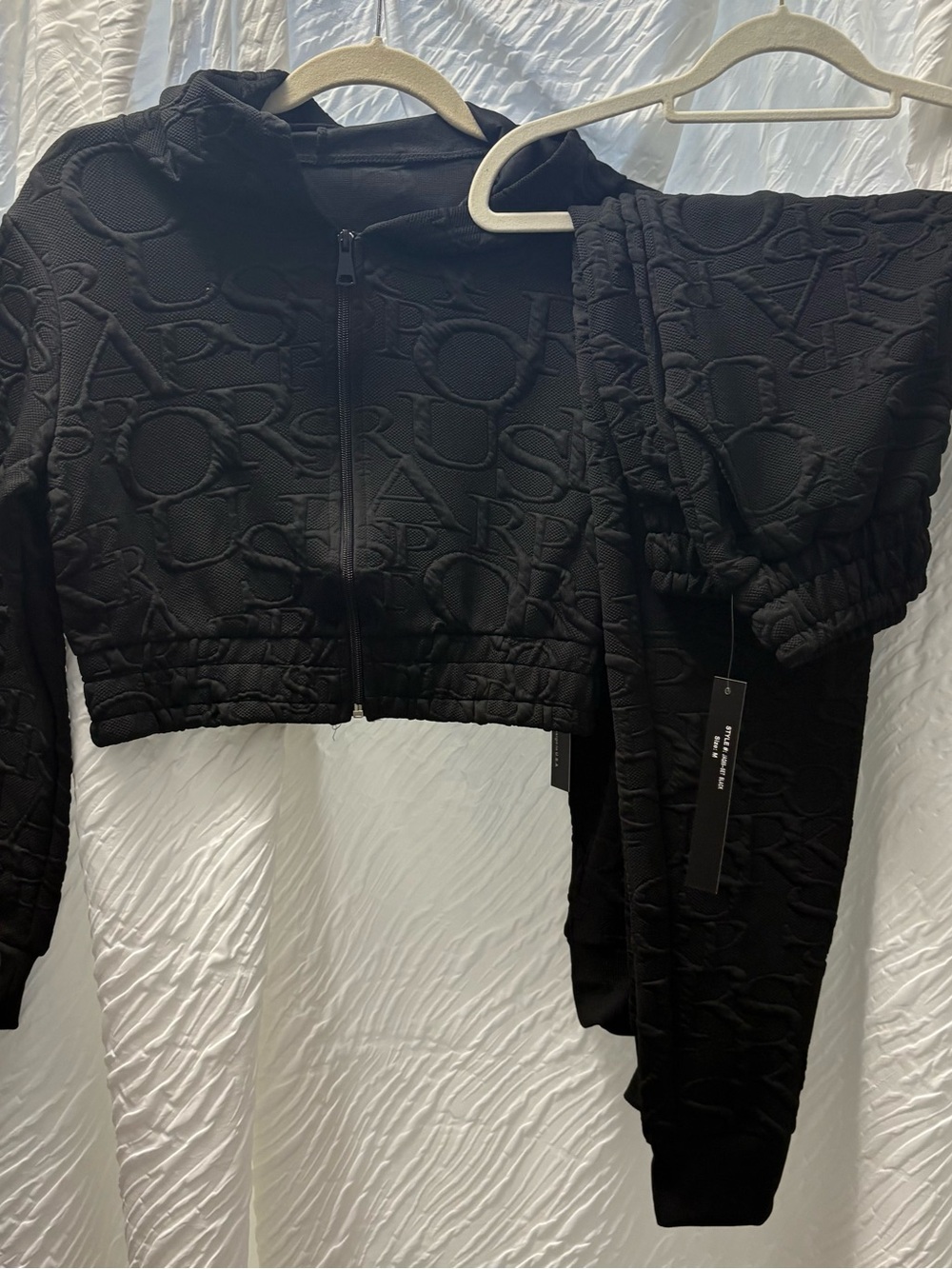 New Mix Black Embossed Cropped Zip Hoodie & Joggers Set